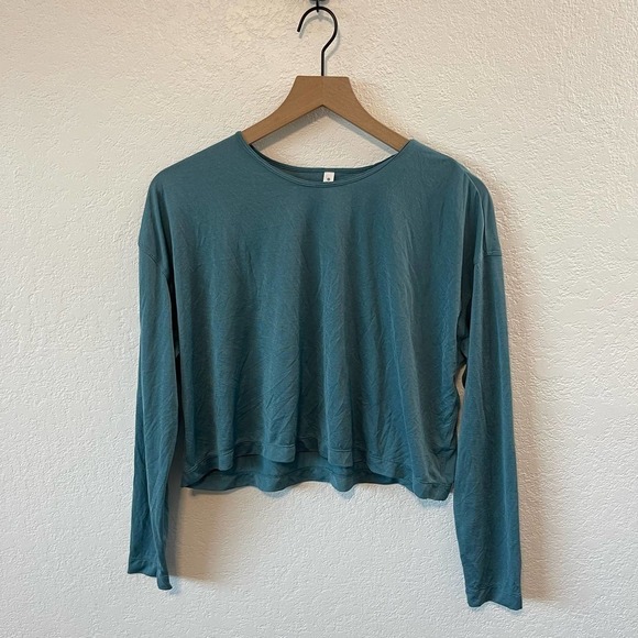 Athleta Vapor Long Sleeve Crewneck Pullover Cropped Top Dark Surf Teal Blue M - Picture 4 of 11